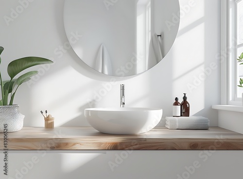 Modern bathroom interior with a round mirror, white walls and a wooden countertop containing a sink and personal accessories