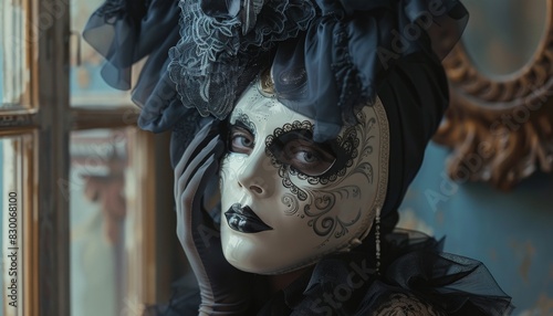 A woman wearing a black and silver Venetian mask with black lace and a black dress with a white collar.