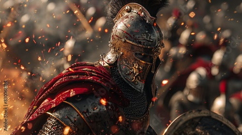A spartan warrior stands in the middle of a battlefield. He is wearing a red cape and a helmet with a lion's head on it. He is holding a shield and a sword. The background is a fiery orange color.