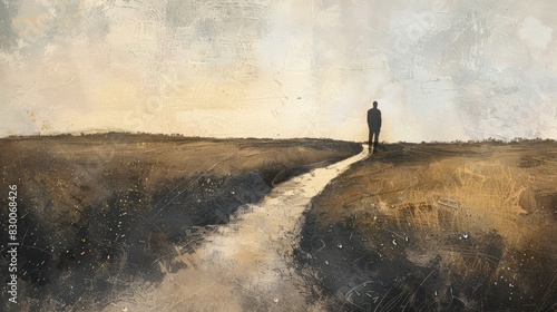 Crossroads of Uncertainty - Conceptual Image of Person at Fork in Path with Overcast Sky Symbolizing Indecision
