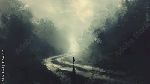Lost in Decision: Uncertain Person at Crossroads in Foggy Forest, Symbolizing Indecision and Mystery