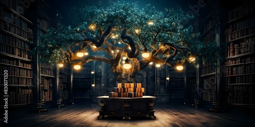 Celebrate World Philosophy Day with a magical tree of knowledge in a library. Concept Philosophy, World Philosophy Day, Library, Tree of Knowledge, Celebration
