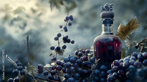 bottles of blackcurrant liqueur with fresh berries and barrel in manufacturer cellar 