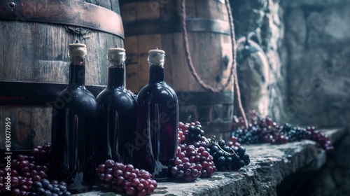 bottles of blackcurrant liqueur with fresh berries and barrel in manufacturer cellar 