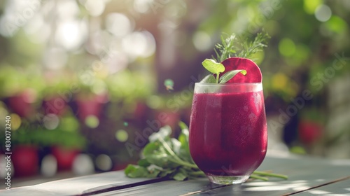 a glass of beetroot smoothie on table with green bokeh light of nature park outdoor background with copy space