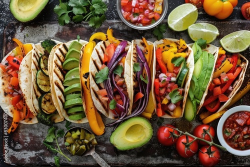 A colorful platter of roasted vegetable tacos, filled with a variety of grilled veggies, topped with fresh salsa, avocado, and a squeeze of lime, laid out on a rustic table