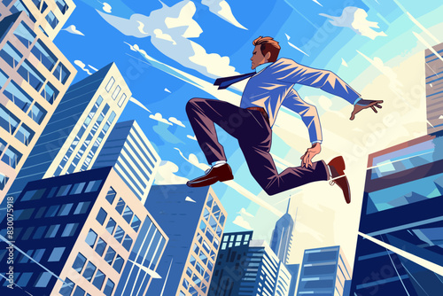 Determined businessman leaping from one skyscraper to another, symbolizing career change and the courage to leave a toxic work environment for better opportunities.