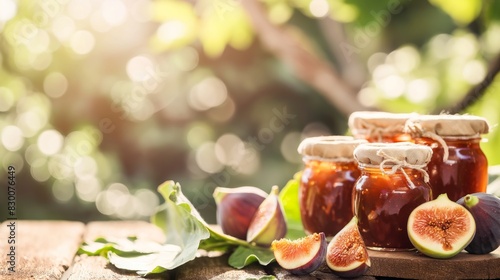 fresh homemade fig jam in glass jar with orchard farmland as background, sunlight bokeh shimmering,