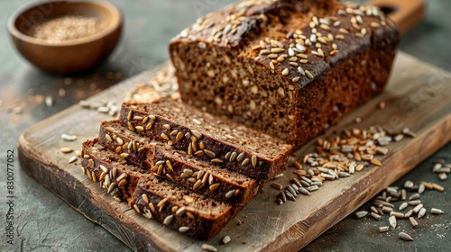Wholemeal rye bread with sunflower seeds and two slices on a cutting board promoting healthy eating