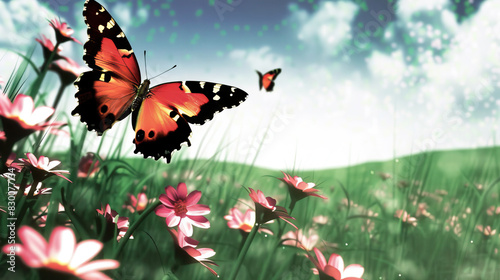Butterfly Beauty: The Graceful Flight of Winged Wonders - Visualize a scene where butterflies flutter among flowers, their vibrant colors and delicate wings adding beauty to the natural landscape