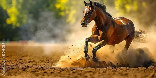 Horses kicking up dust at a rodeo arena during a competition capturing the action of equestrian sport. Concept Equestrian Events, Rodeo Competition, Horse Riding Action, Dusty Arena