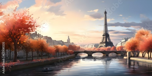 Digital fantasy art of Eiffel Tower and Seine River in Paris morning. Concept Digital Art, Fantasy, Eiffel Tower, Seine River, Paris Morning
