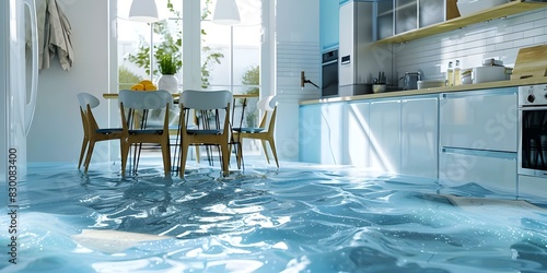 Kitchen floor flooded from water leak causing property damage Technology used for insurance claim assessment. Concept Water Leak Damage, Property Insurance, Technology Assessment, Kitchen Flooding