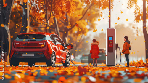 An electric charging station surrounded by vibrant autumn leaves in a public park, emphasizing sustainability and eco-friendly transportation