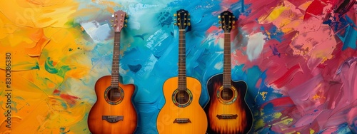 Colorful acoustic guitar on vibrant background, music, hobby, electronic music festival, music festival, summer party, party, vocal, art, artistic, 4k HD wallpaper, background, generated by AI.