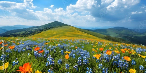 Rolling hill with a patchwork of spring flowers captured in scenic view. Concept Spring Wildflowers, Scenic Views, Rolling Hills, Nature Photography