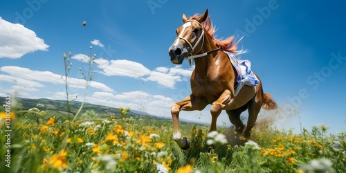 A racehorse with a colorful jockey gallops on a grassy track. Concept Equestrian Sports, Colorful Jockey Outfit, Horse Racing, Galloping on Grass, Outdoor Action Shot