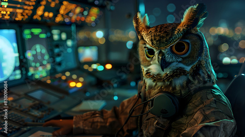 Surreal Nighttime Scene: Owl Air Traffic Controller Directing Fighter Jets and Cargo Planes at Military Airbase