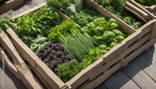 A wooden crate filled with various fresh green plants and vegetables ready to be used in cooking.