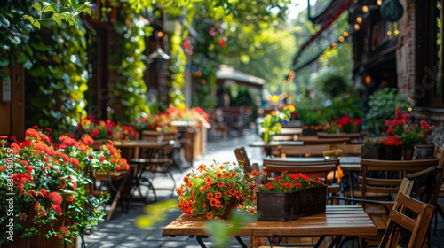 Photo of a charming outdoor café with wooden tables and chairs, surrounded by vibrant flowers and greenery, creating a cozy and inviting atmosphere.