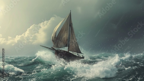 An ancient sailboat breaking through the waves of the sea. The sky was overcast and a storm was raging. It's like a great adventure.