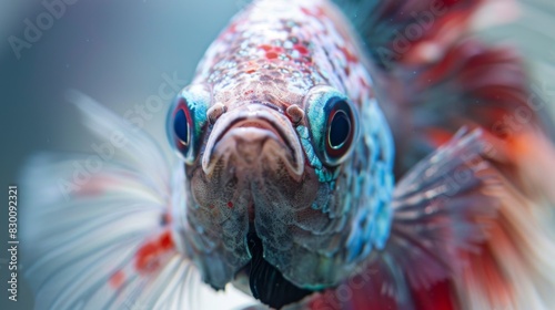 A close-up of a betta fish's face, with expressive eyes and intricate patterns adding personality and charm to this captivating species