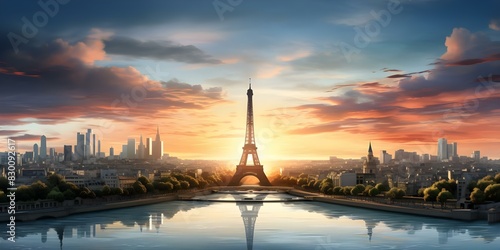 Digital art of Paris skyline at sunset with Eiffel Tower in France. Concept Paris Skyline, Sunset, Eiffel Tower, Digital Art, France