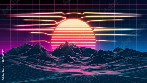 Futuristic neon retrowave background. Retro low poly grid landscape mountain terrain with set of glowing outrun sun vector illustration template.