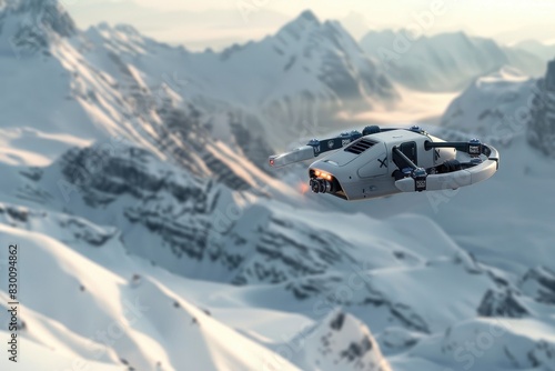 A compact, portable drone with foldable arms, flying over a snow-covered mountain range