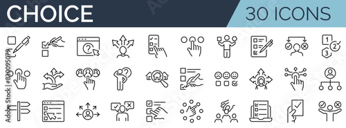 Set of 30 outline icons related to choice. Linear icon collection. Editable stroke. Vector illustration