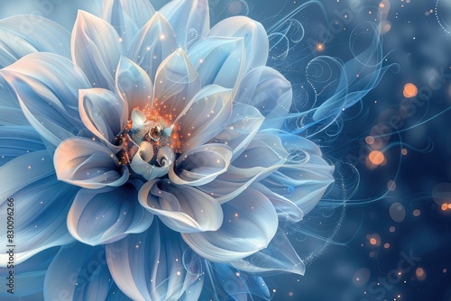 A computed image of a flower against a blue and white backdrop, embellished with swirls and stars in the center