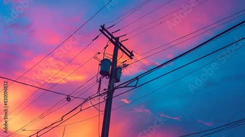 A close-up of power lines and transformers mounted on utility poles against a colorful sunset sky, symbolizing the intersection of nature and technology.