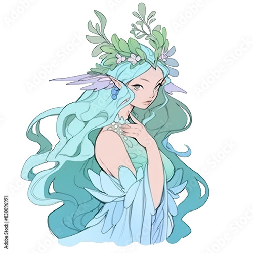 An illustration of an undine with aqua-colored hair