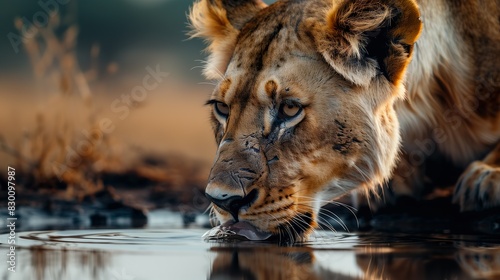 Thirsty Lioness Drinking from Waterhole - ai generative