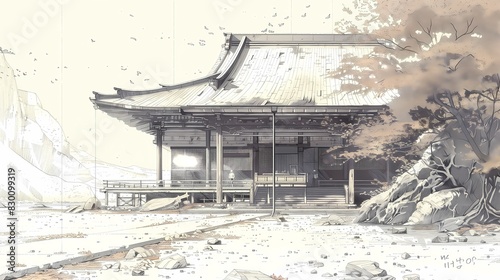 casa orientale giapponese in legno nella natura con strada in primo piano, illustrazione a matita digitale