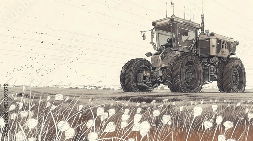 trattore futuristico cyberpunk con ampia visuale su una prateria di erba, illustrazione a matita digitale
