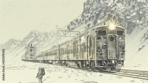 treno passeggeri artico con montagne innevate sullo sfondo e persona, illustrazione a matita digitale