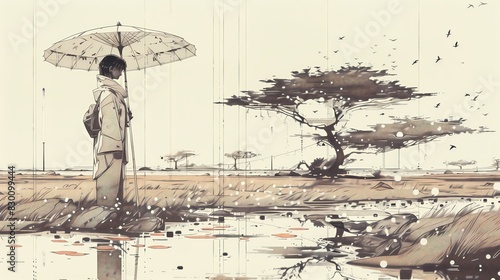 ragazza giapponese con ombrello malinconica sulla riva di un ruscello, alberi all'orizzonte, illustrazione a matita digitale