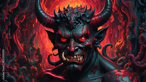 Close-up portrait illustration of Devil in hell with flames around him.