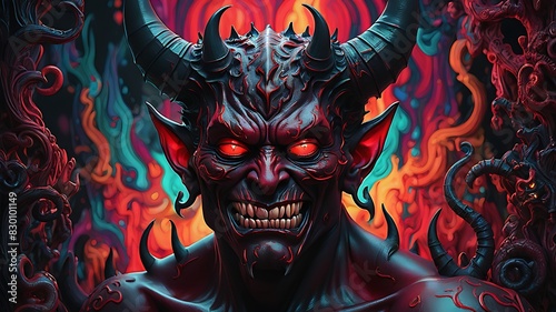 Close-up portrait illustration of Devil in hell with flames around him.