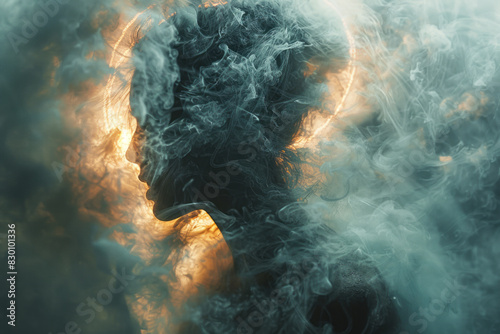 Image of a human figure with a dense, dark mist forming a halo around their head, obscuring their features and thoughts,