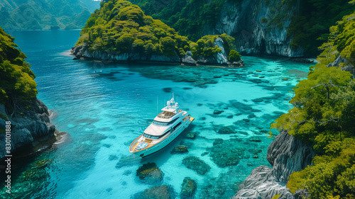 Luxurious yacht in clear turquoise waters among lush cliffs and tropical islands, a serene paradise getaway.