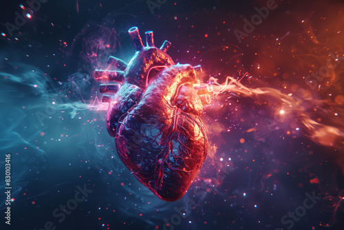 Illustration of a heart with erratic red and blue lines radiating from it, representing cardiovascular chaos,