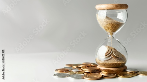 Time and money concept with an hourglass and coins showing the value of time in financial management. Generative Ai