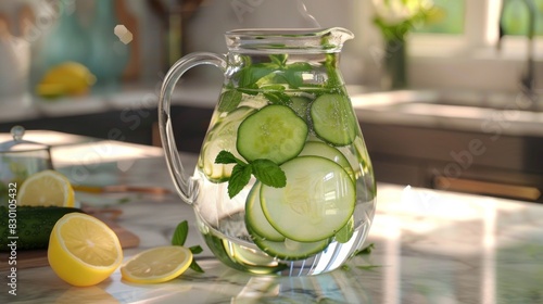 A glass pitcher filled with slices of cucumber, lemon, and mint leaves, infusing water with a crisp and invigorating flavor profile.