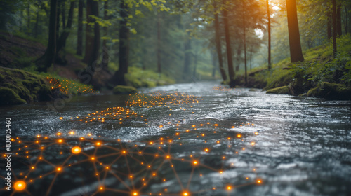 A stream of water with a network of glowing dots in the water