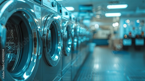 Modern laundry shop interior with rows of washing machines, clean and organized for efficient service. Generative Ai