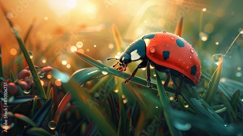 a ladybug perched delicately on a vibrant green paddy plant, with the soft morning light casting a warm glow over the scene.
