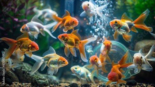 A group of goldfish gathered around a feeding ring in their tank, eagerly enjoying their mealtime as they swim and play.