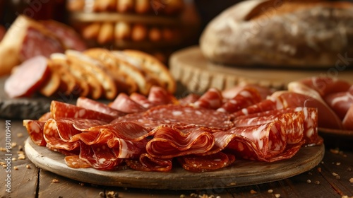 Delicious appetizer for wine on wooden board with prosciutto and jamon, Italian appetizer for wine